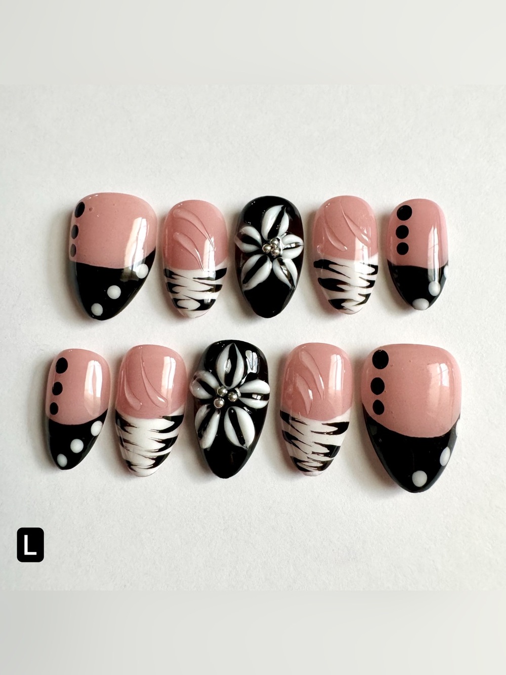 Nude Pink, Black & White 3D Floral Press-On Nails